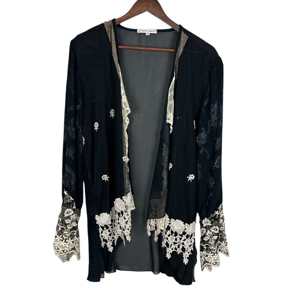 SPENCER ALEXIS Cardigan Womens 16‎ Black Long Bell Sleeves Floral Lace Open Mesh